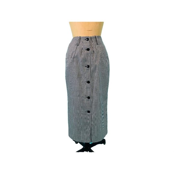 Vintage 1960s Long Mod Skirt Checkered Black White Button Down | W 25" - Picture 1 of 9